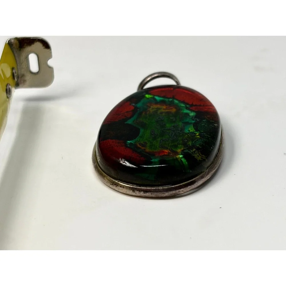Vintage Sterling Silver Dichroic Art Glass Pendant Red Green Oval Statement